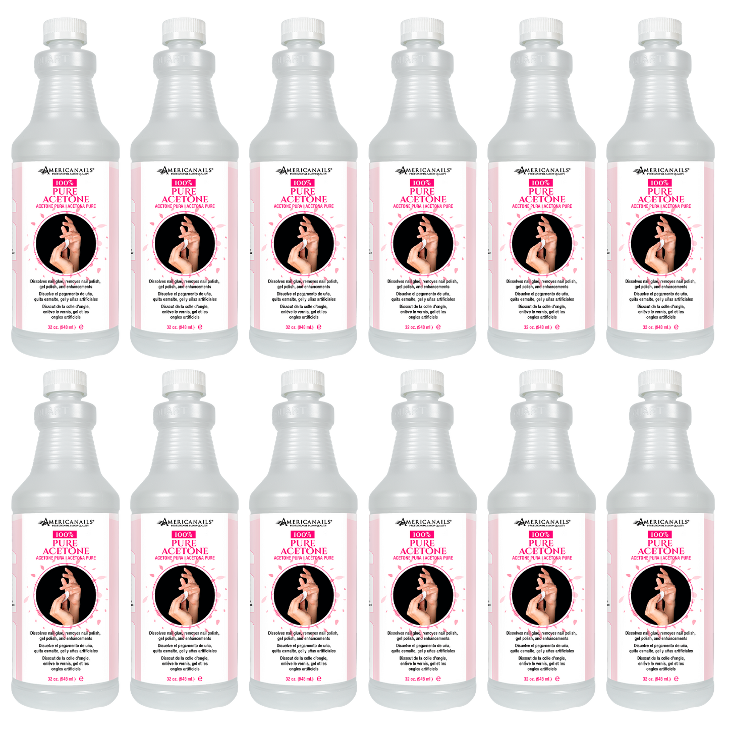 Americanails Acetona 100 % Pura, Estuche de 32 oz (Paquete de 12)