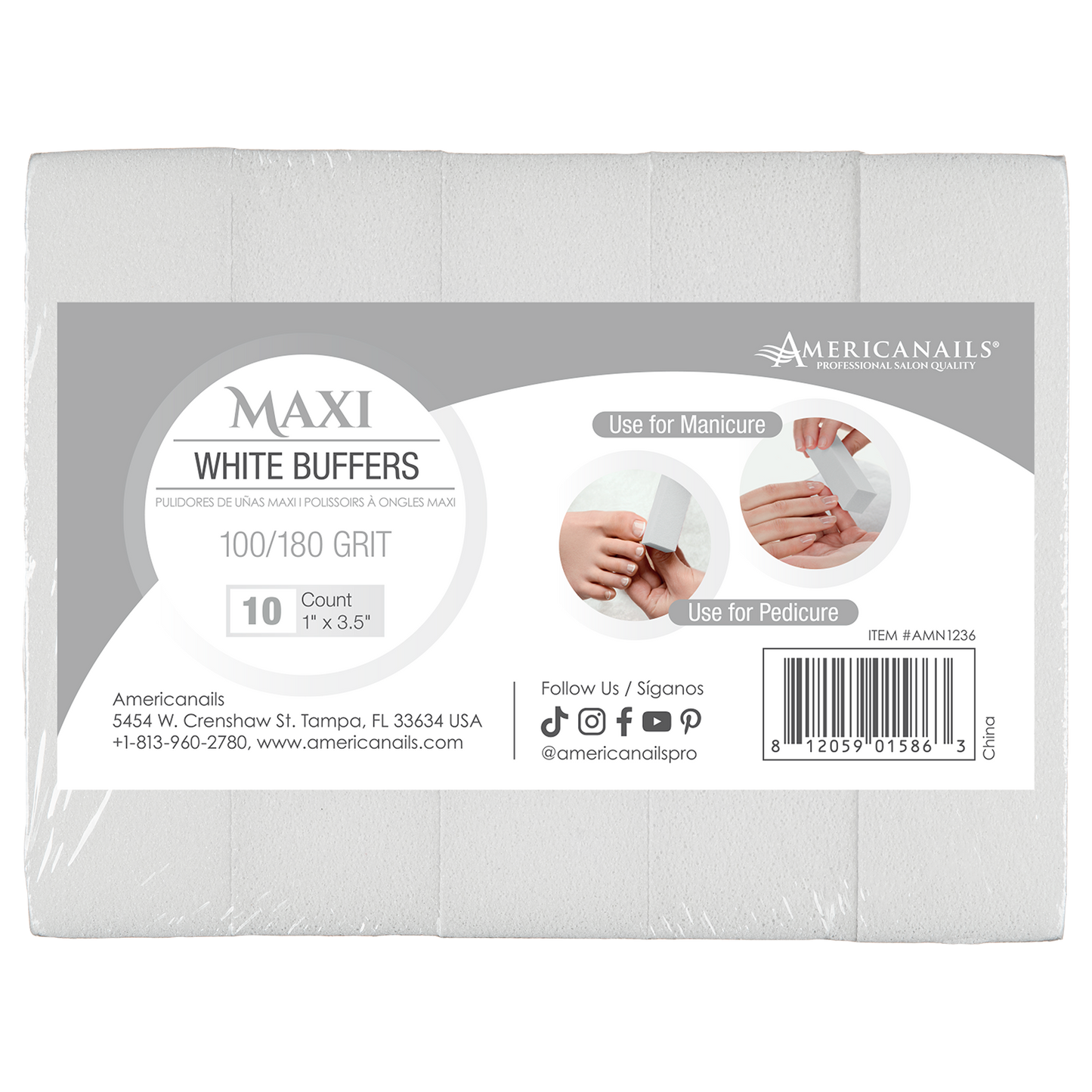 Americanails Disposable Maxi White Buffers | 100/180 Grit 10ct