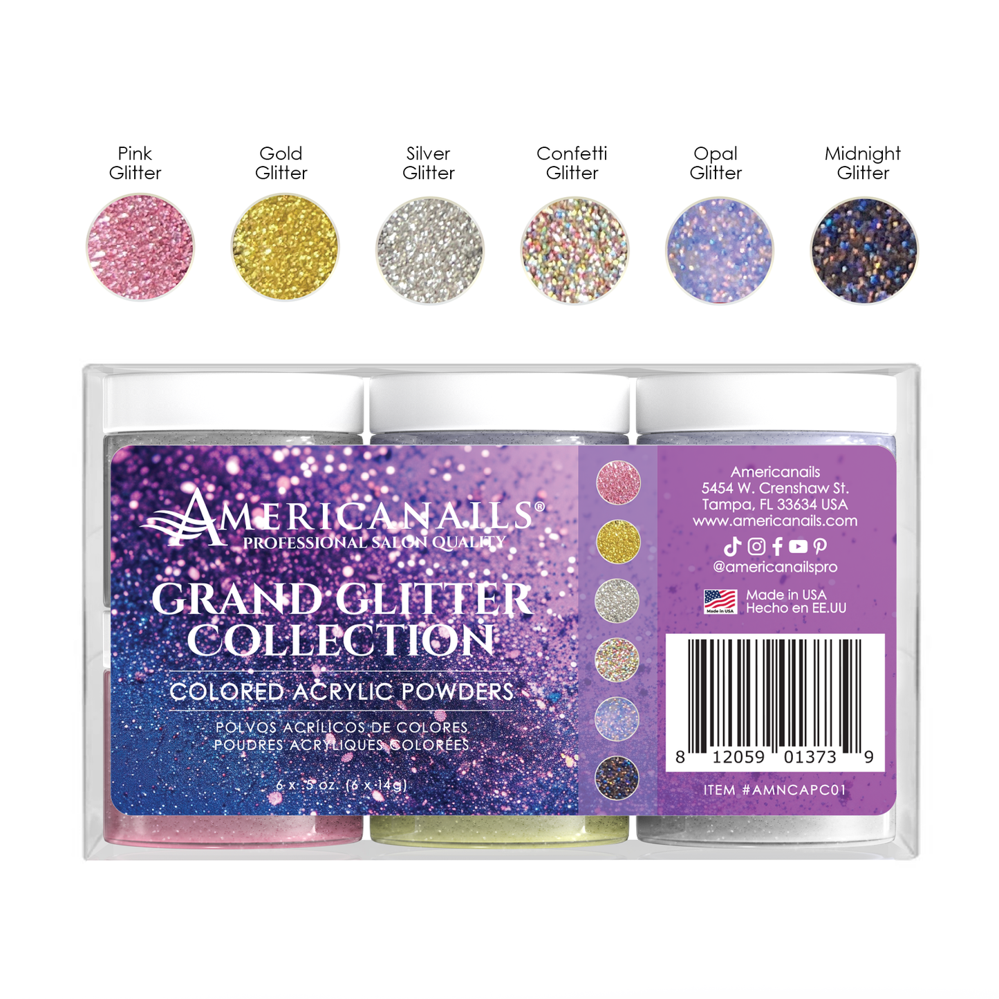 Americanails Colored Acrylic Powders | Grand Glitter Collection Kit