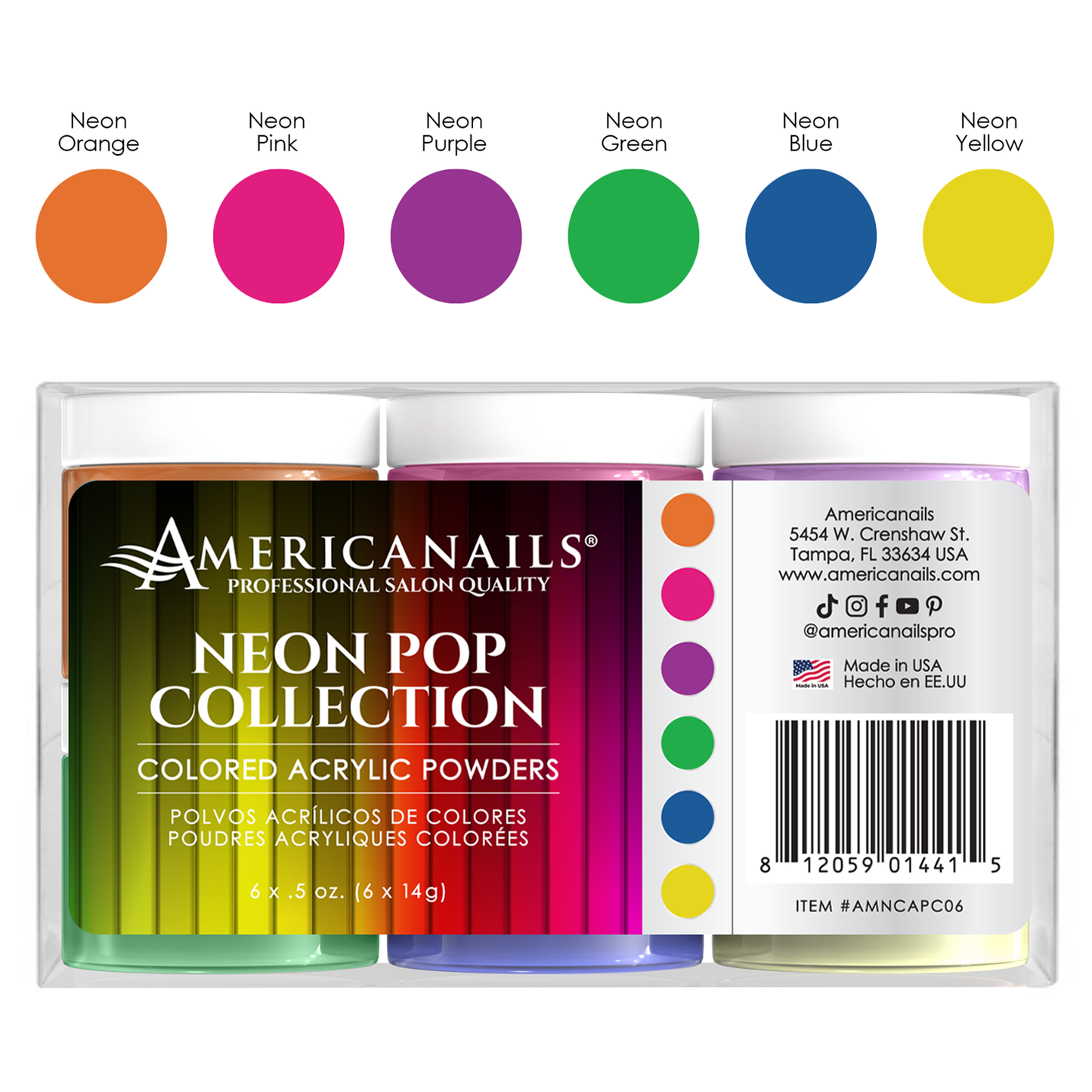 Americanails Colored Acrylic Powders | Neon Pop Collection Kit