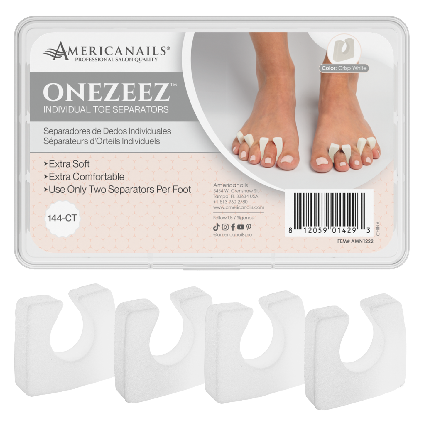 Separadores de dedos Americanails Onezeez | Estuche blanco nítido (2880 unidades)