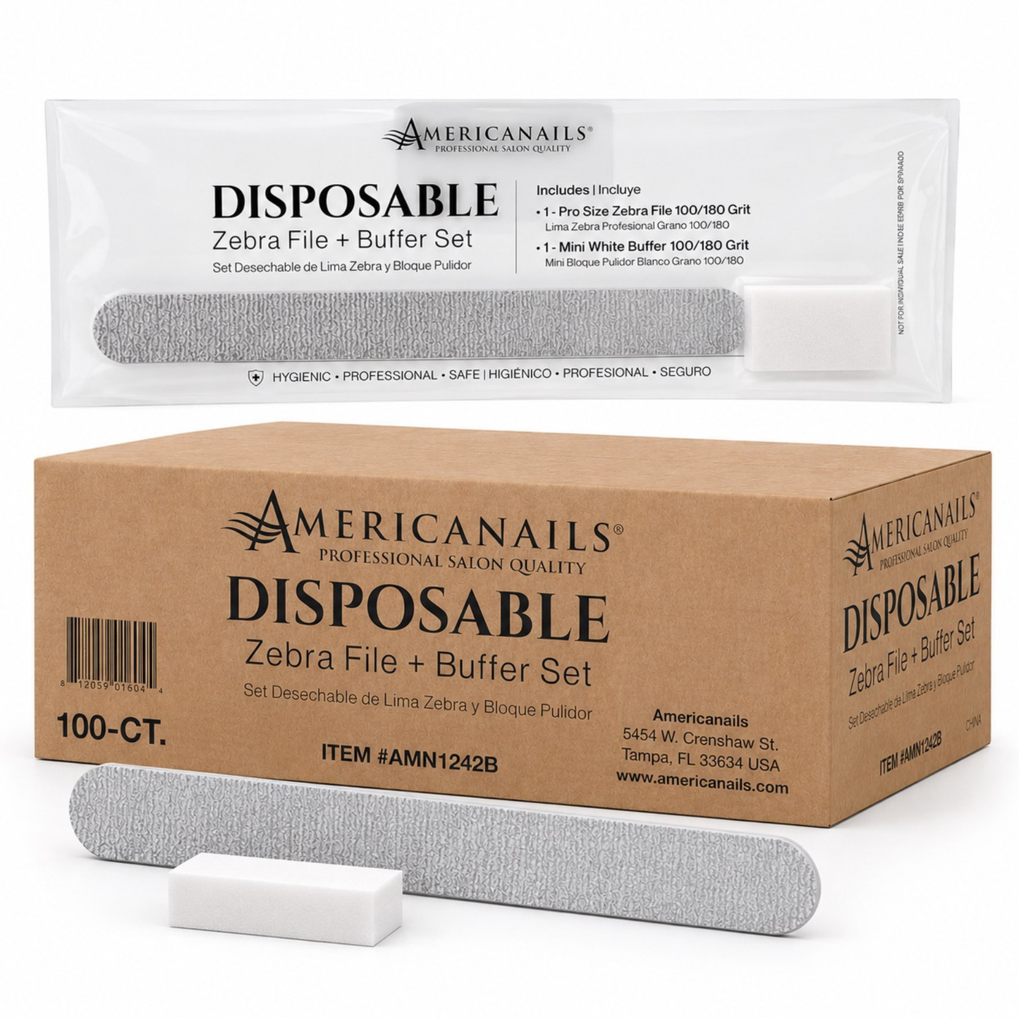 Americanails Disposable Zebra File + Mini Buffer Set, Individually Wrapped, 100ct