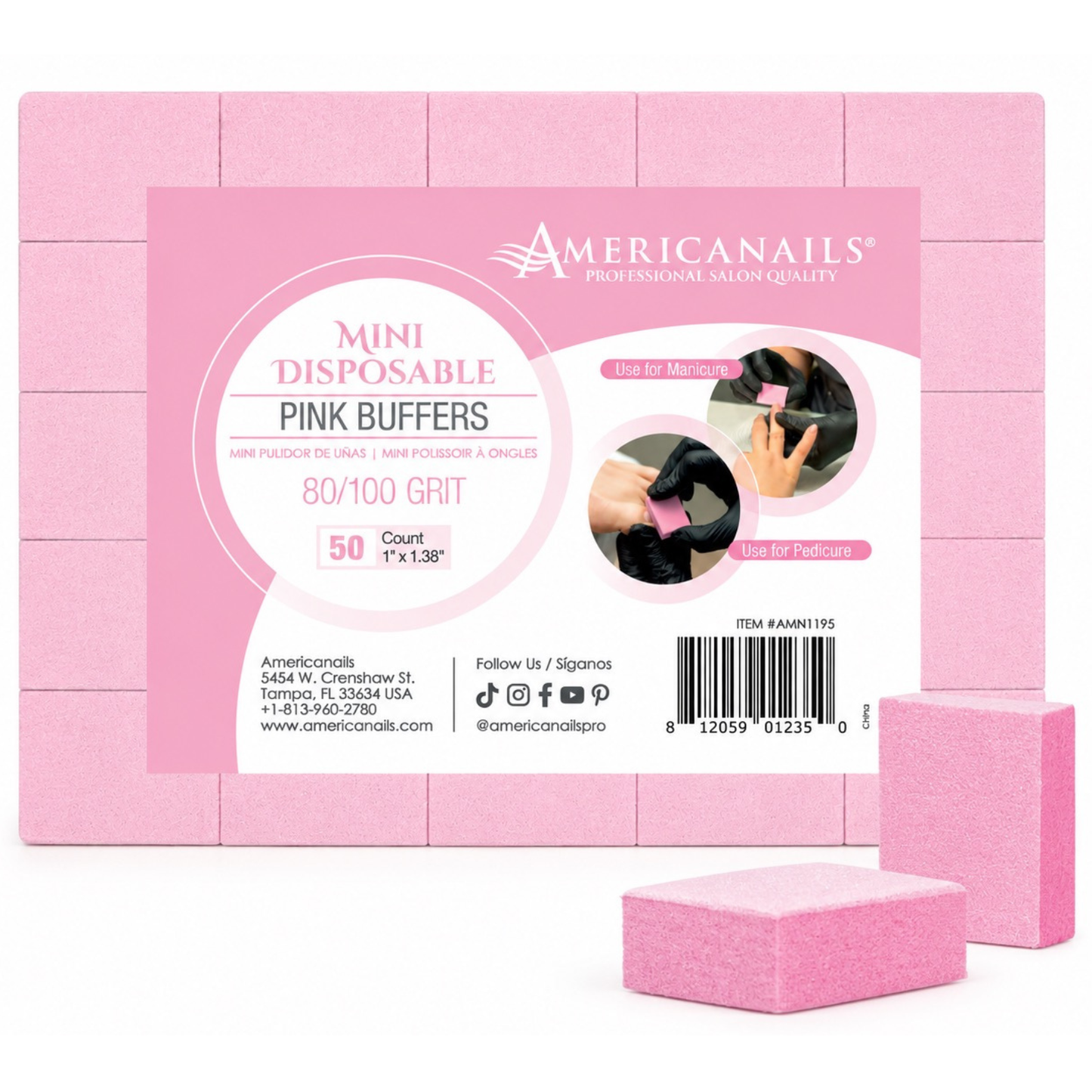 Americanails Pink Mini Buffers | 80/100 Grit Case 1500ct