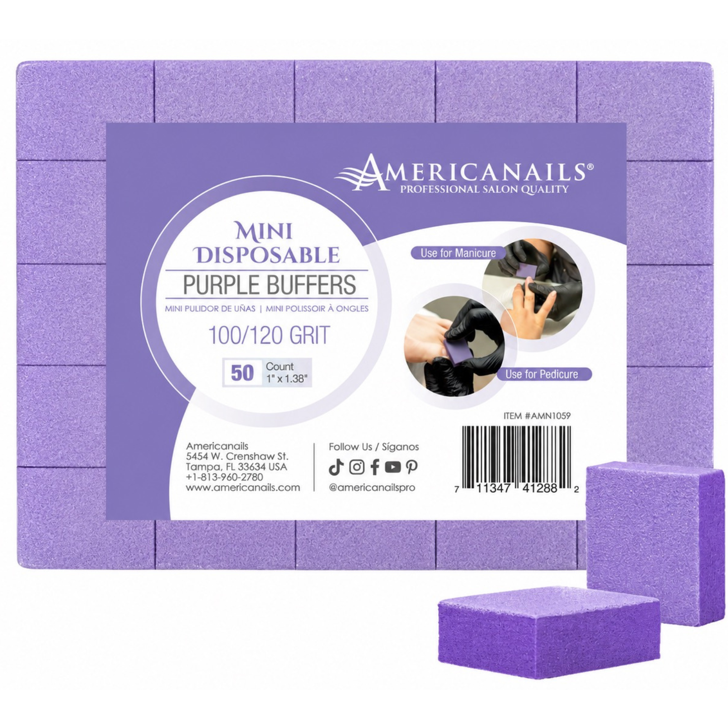 Minipulidores morados desechables Americanails | Estuche de 1500 unidades, grano 100/120 