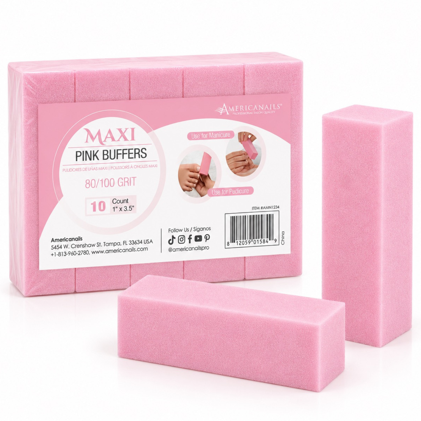 Americanails Disposable Maxi Pink Buffers | 80/100 Grit 10ct
