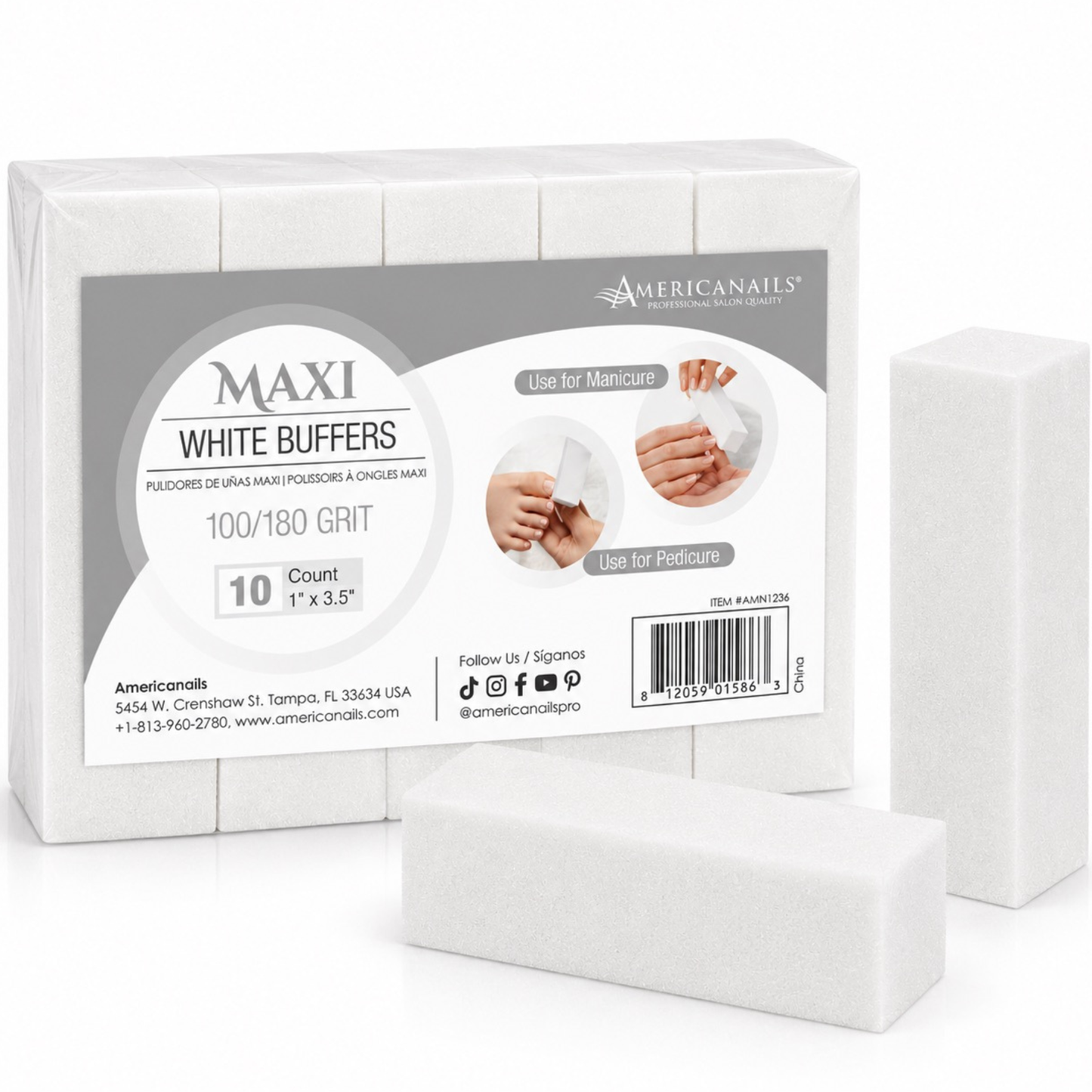 Americanails Disposable Maxi White Buffers | 100/180 Grit 10ct