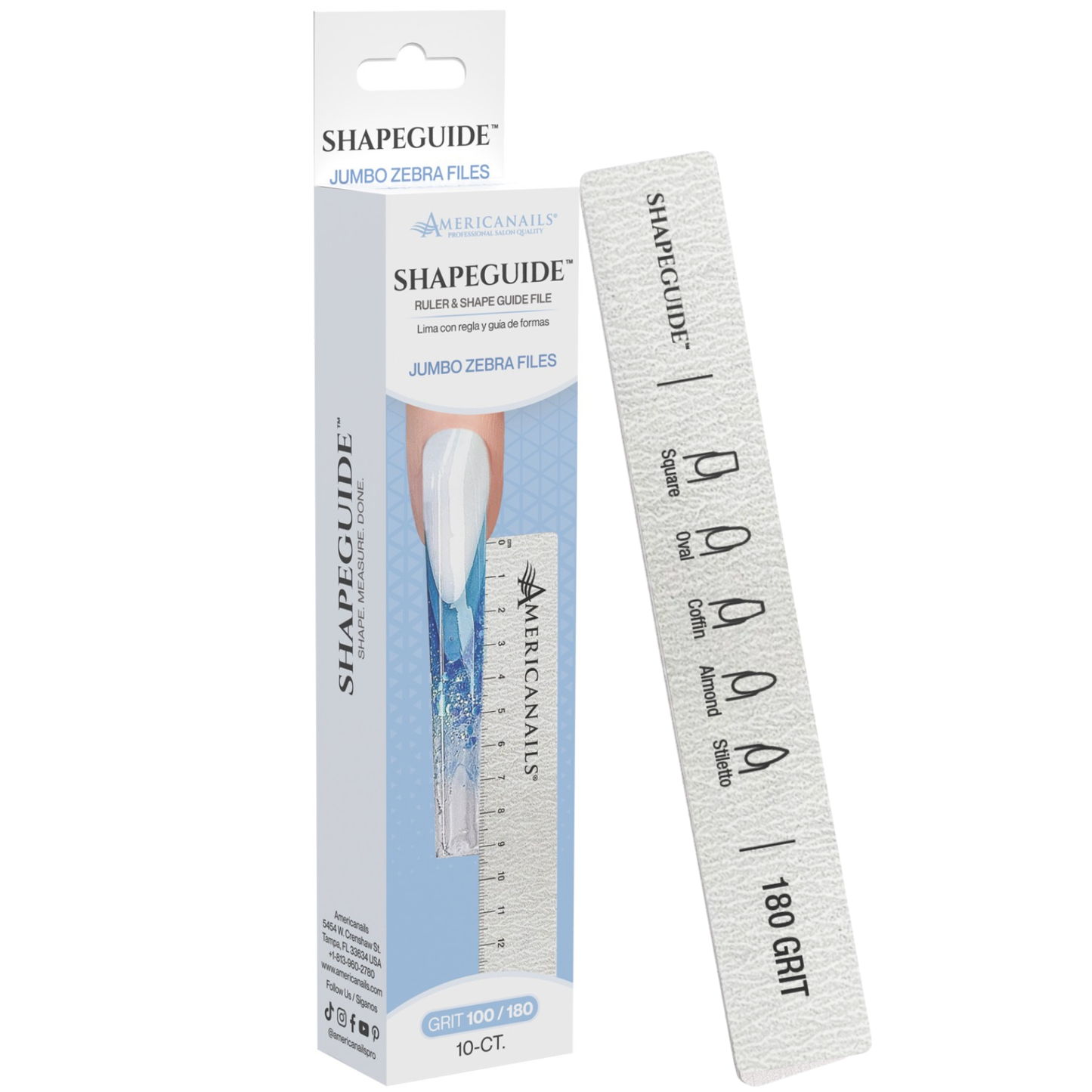 Amerianails ShapeGuide™ Ruler & Shape Guide Nail File | Zebra 100/180 Grit 10ct