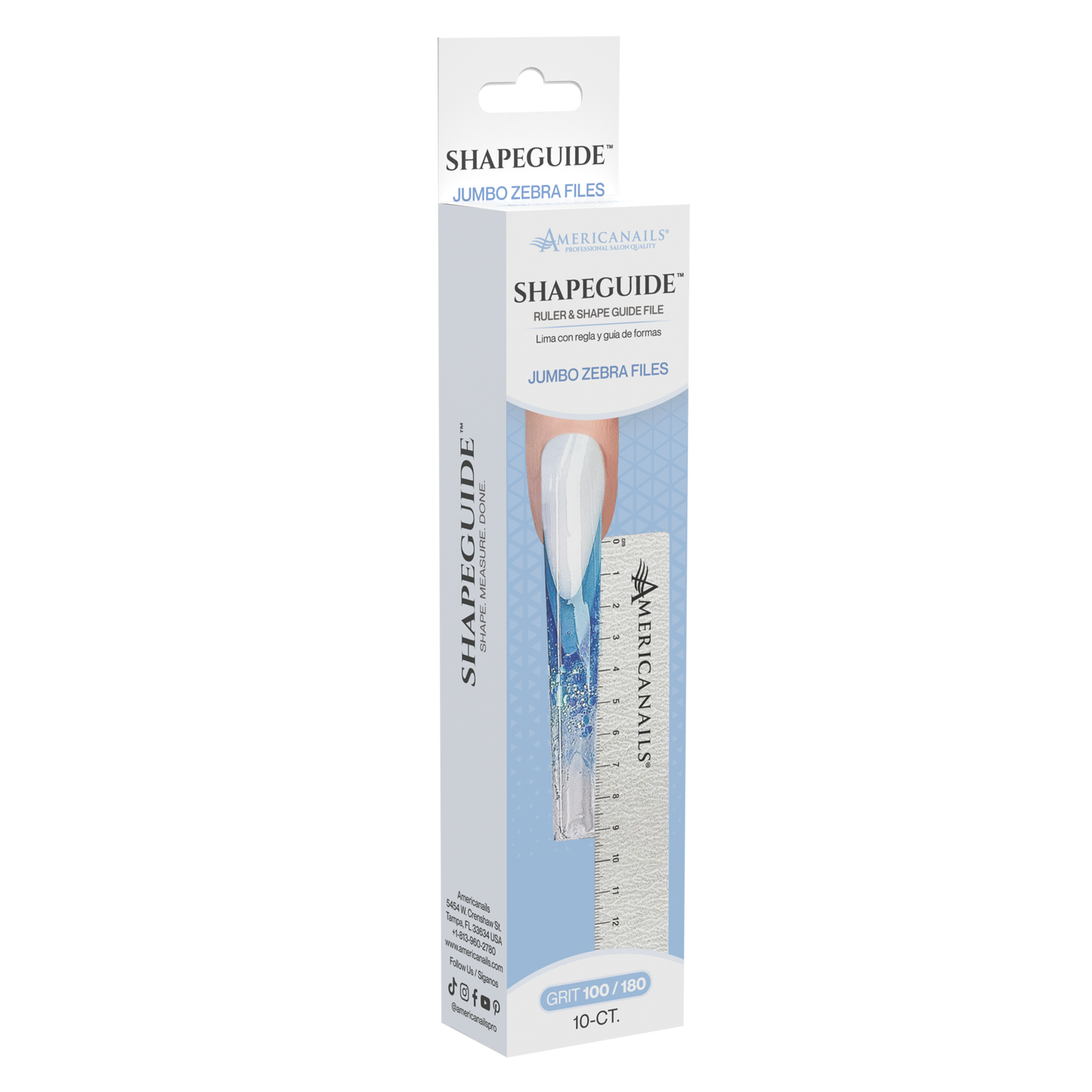 Amerianails ShapeGuide™ Ruler & Shape Guide Nail File | Zebra 100/180 Grit 10ct