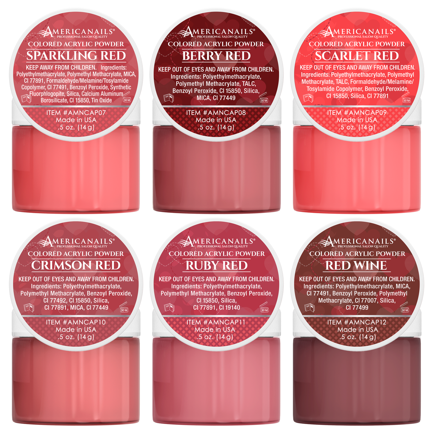 Americanails Colored Acrylic Powders | I ♥️ Red Collection Kit