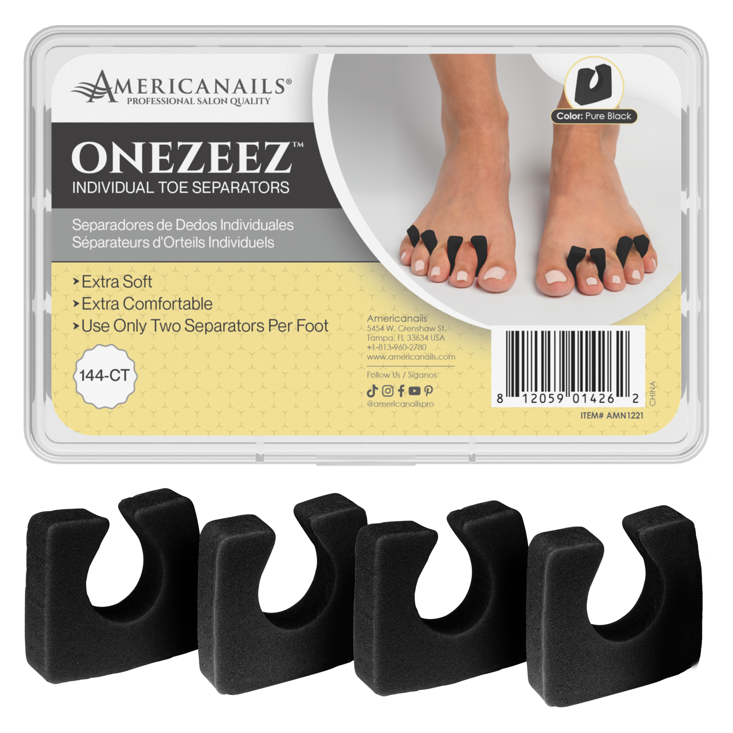 Americanails Onezeez Toe Separators | Pure Black Case 8640ct