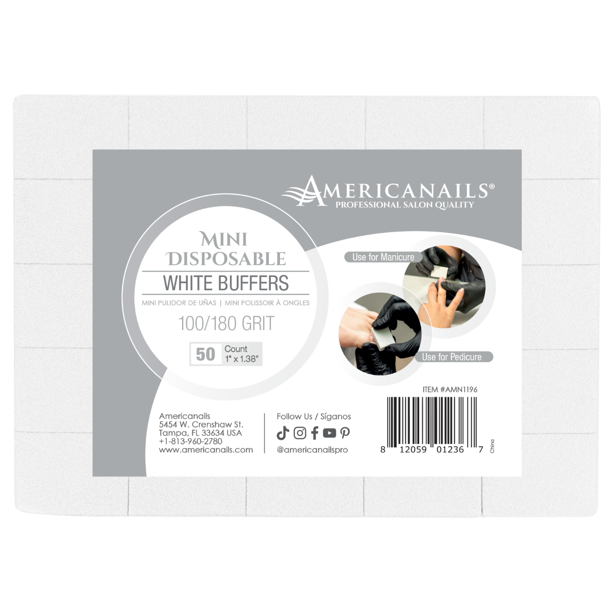Americanails Disposable Mini White Buffers | 100/180 Grit Case 1500ct